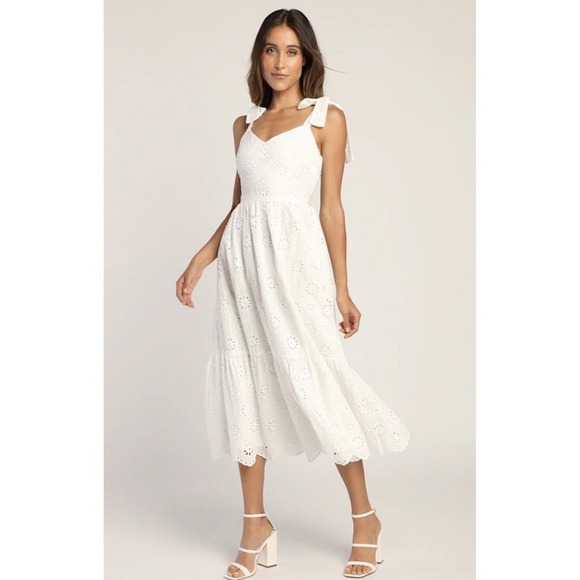 Lulus Dresses & Skirts - Lulus M White Eyelet Cotton Tie Strap Tiered Midi Dress Womens Graduation Easter